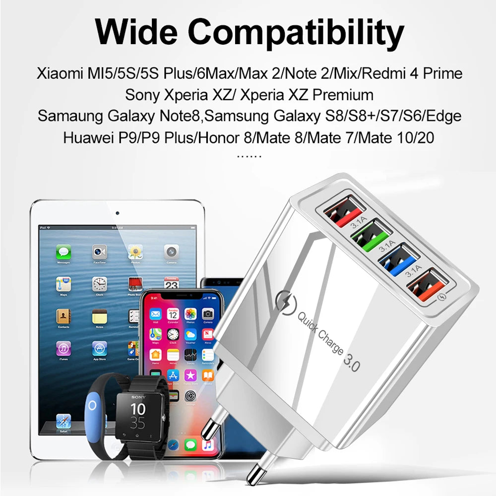 4‑Ports USB Vegglader med Quick Charge 3.0 – Rask og Stabil Lading for iPhone 16 Pro og Android