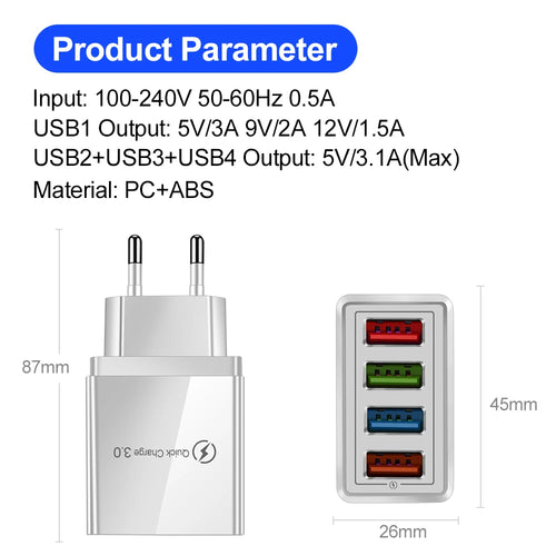 4‑Ports USB Vegglader med Quick Charge 3.0 – Rask og Stabil Lading for iPhone 16 Pro og Android
