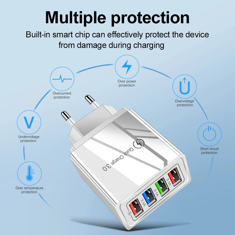 4‑Ports USB Vegglader med Quick Charge 3.0 – Rask og Stabil Lading for iPhone 16 Pro og Android